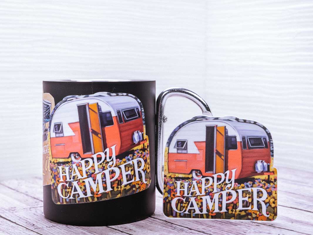 Happy Camper Stickers with artwork from 2020 print applied to mugs