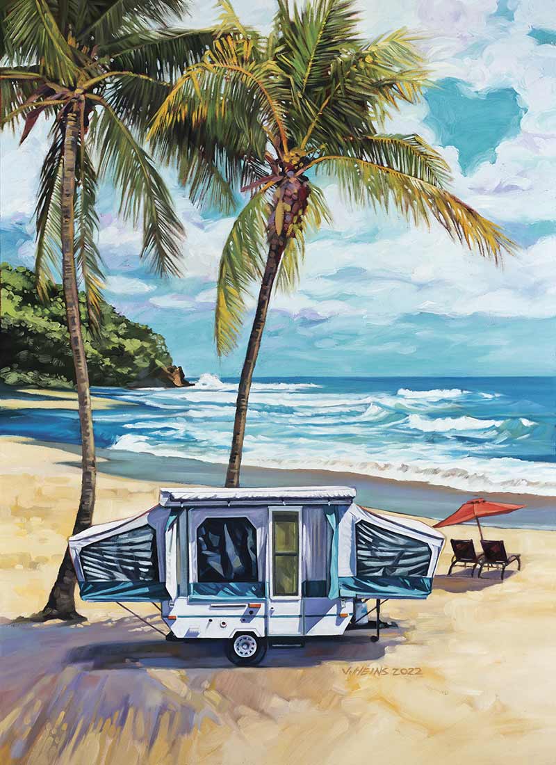 Print - 2022 - Popup Camper on a beach near palm trees