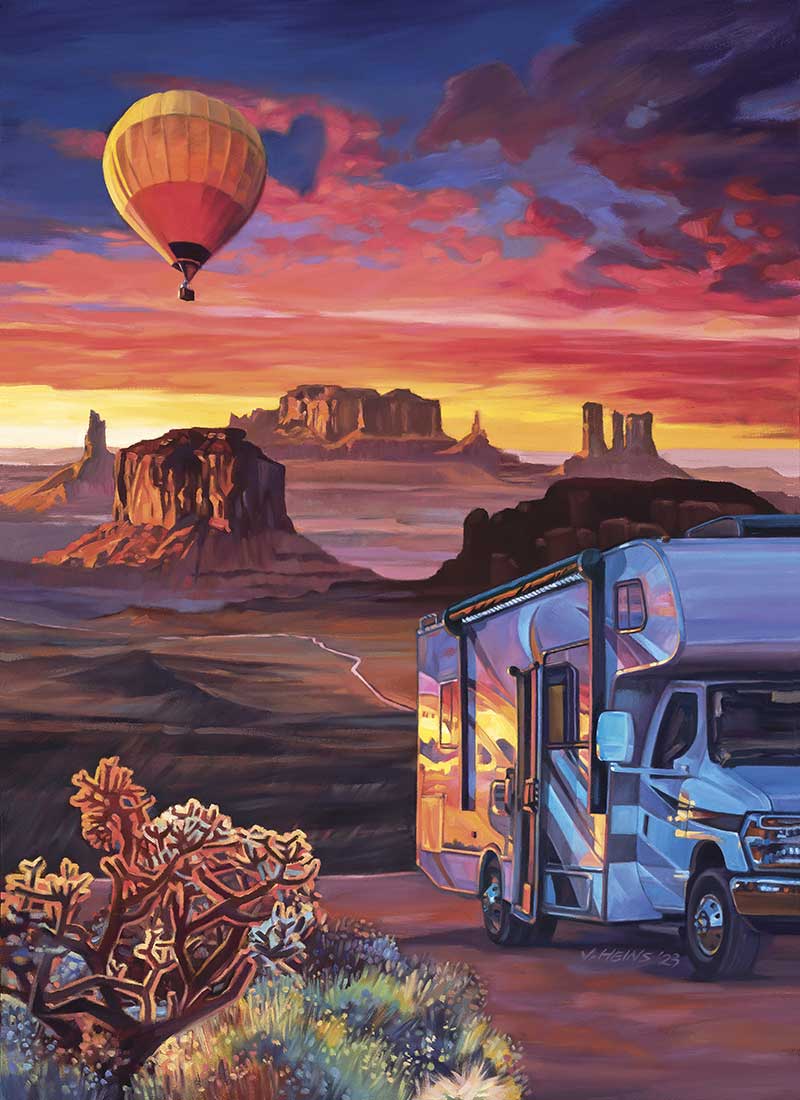 Print - 2023 Monument Valley - Class C Camper in the desert at sunset