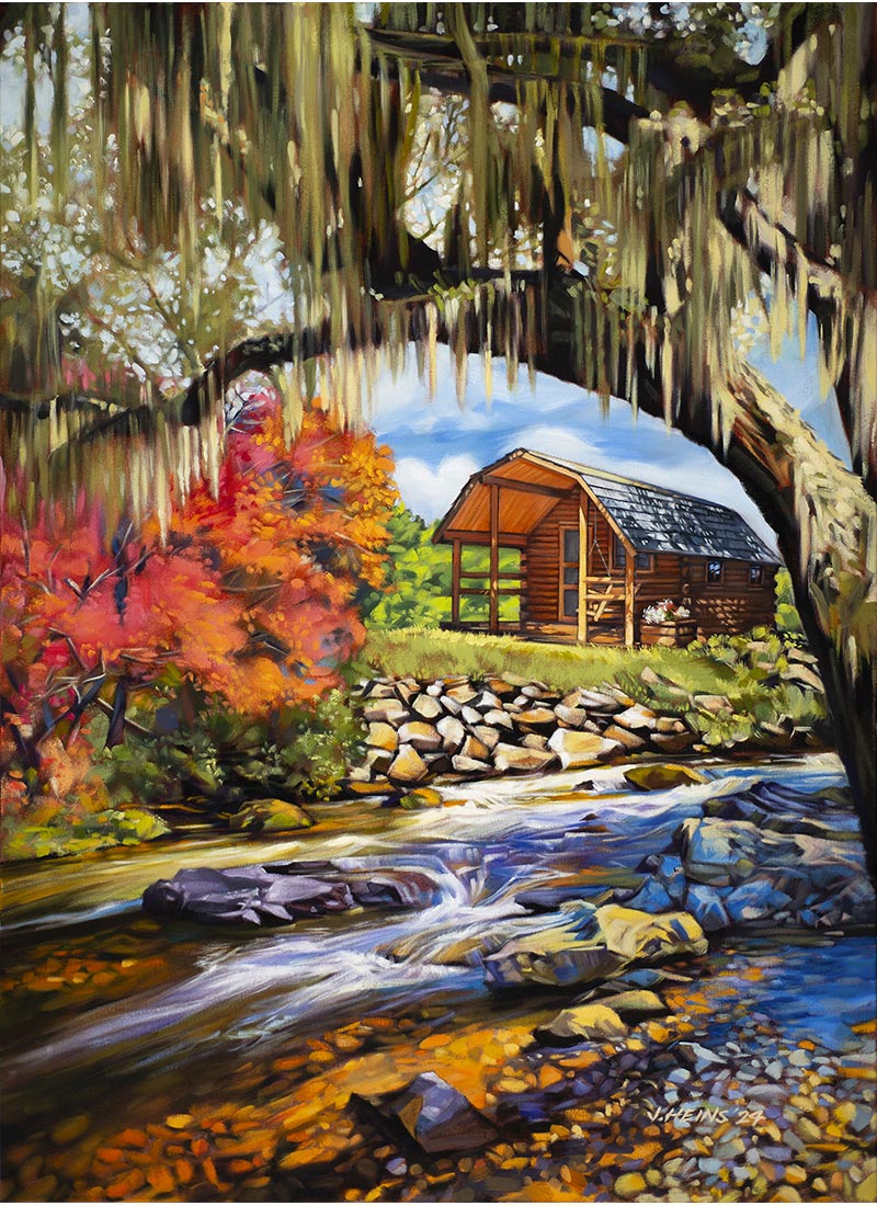 2024 Print - Cabin Fever - cabin near a creek and a tree with spanish moss
