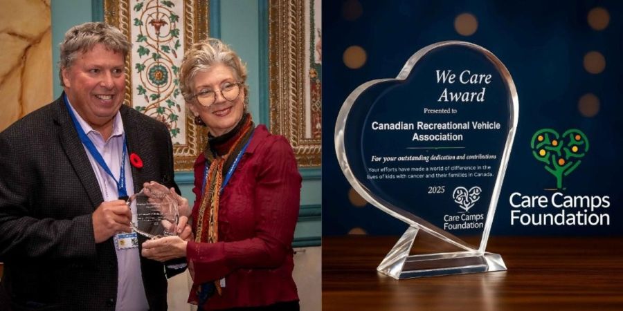 CRVA President Shane Devenish accepts an award from Care Camps Foundation Executive Director Gwynn Sullivan.