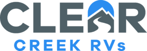 Geer Creek RVs logo with gray 'GEER' and mountain icon in blue circle, plus blue 'CREEK RVs' text underneath.