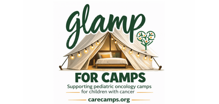 Logo for 'GLAMP for Camps' showing a canvas tent with string lights and a tree-heart icon, promoting pediatric cancer camp support.