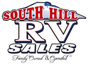 South Hill RV Sales logo with bold red-and-blue letters and the phrase 'Family Owned & Operated' in cursive.