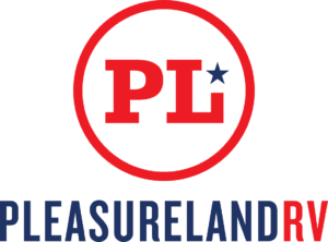Pleasureland RV logo: red circle with 'PL' and a blue star, plus 'PLEASURELAND RV' text below in blue and red.