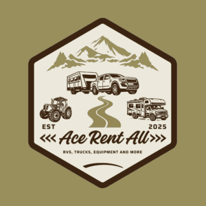 Vintage-style sign featuring a mountain backdrop with RV, car, and truck illustrations and 'Ace Rent All' branding