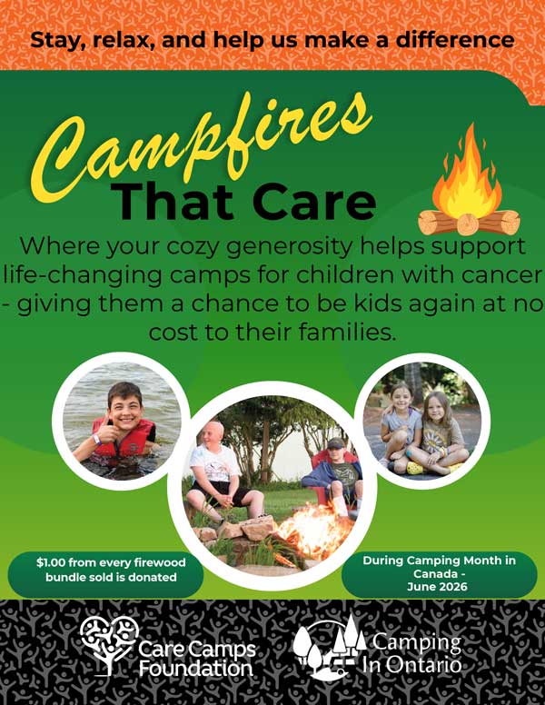 Campfires-that-Care---Camping-in-Ontario-Campaign-1 Fundraising poster for 'Campfires That Care' showing children around a campfire, bold green background, and logos for Care Camps Foundation and Camping In Ontario; emphasizes donations to support kids with cancer.