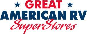 Logo for Great American RV SuperStores with 'GREAT' in red, 'AMERICAN RV' in dark blue, and 'SuperStores' in red script flanked by two blue stars