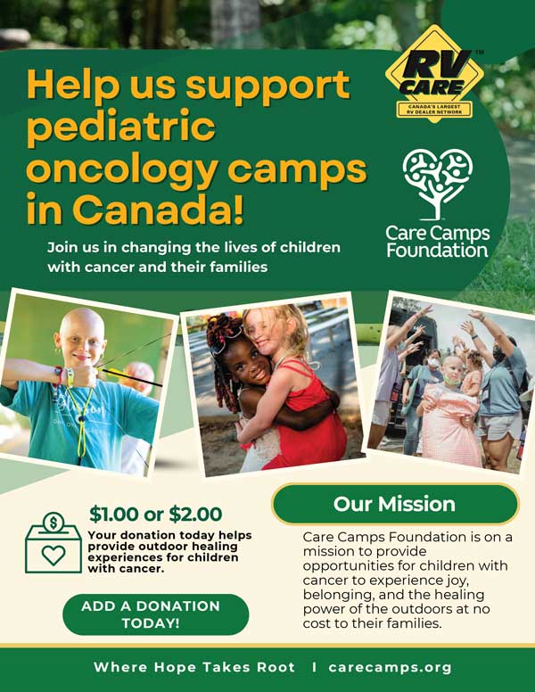 RV-Care-2026-Flyer-2 Fundraising flyer for pediatric oncology camps in Canada: collage of kids, RV Care logo and Care Camps Foundation logos; donation info ($1 or $2) and a mission statement about outdoor healing experiences for children with cancer.