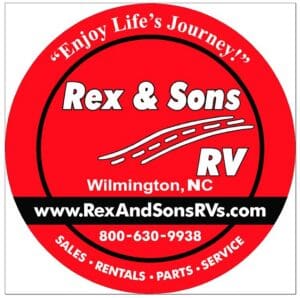 Rex & Sons RV logo: red circular badge with slogan 'Enjoy Life's Journey!', Wilmington, NC; site RexAndSonsRVs.com, 800-630-9938; sales, rentals, parts, service.