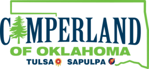 CampERLAND of Oklahoma logo: blue 'CAMPERLAND', green 'OF OKLAHOMA', a green tree, Tulsa and Sapulpa labels, with a green outline of Oklahoma.