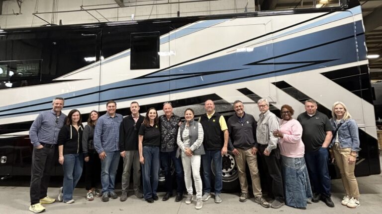Members of the KOA and Forest River teams gathered during a recent visit for Dynamax Plant Tour. Photos courtesy of Forest River