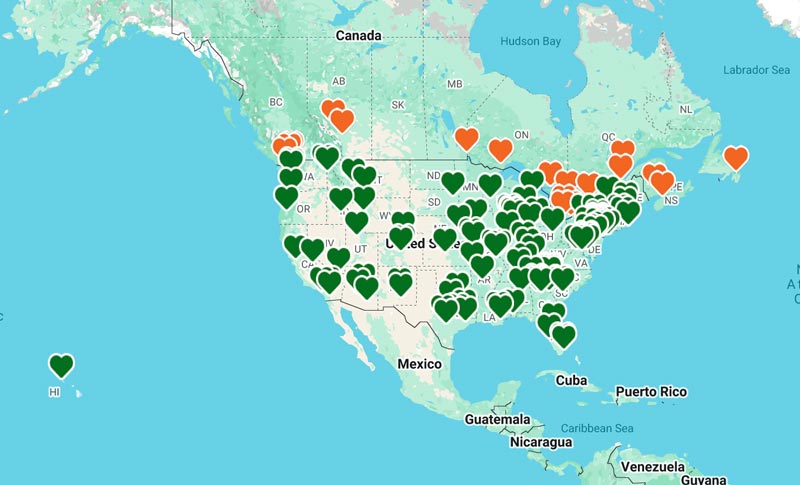 Map view with heart map markers for every camp that Care Camps Foundation Supports in the US and Canada