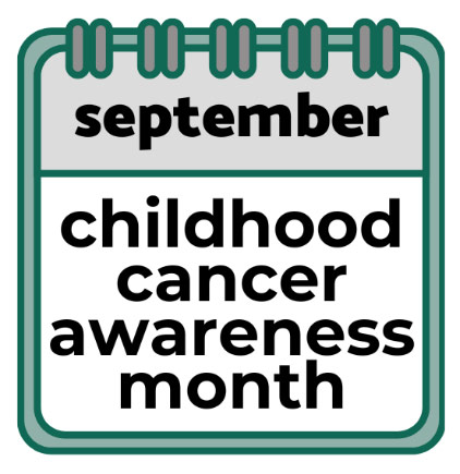 A calendar icon illustration with "September" at the top and "childhood cancer awareness month" below it