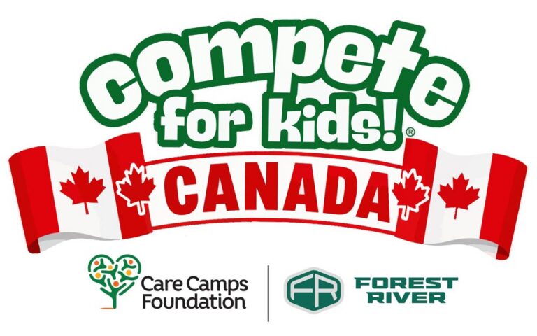 Logo for 'Compete for Kids! Canada' with a curved Canadian flag ribbon and the Care Camps Foundation and Forest River logos beneath it.