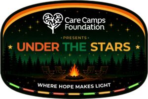 Care Camps Foundation Presents Under the Stars: Where Hope Makes Light - including a night time scene with an illustration of a forest silhouette and a campfire with four camp chairs