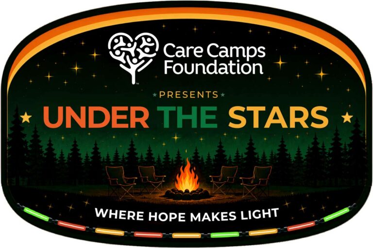 Care Camps Foundation Presents Under the Stars: Where Hope Makes Light - including a night time scene with an illustration of a forest silhouette and a campfire with four camp chairs