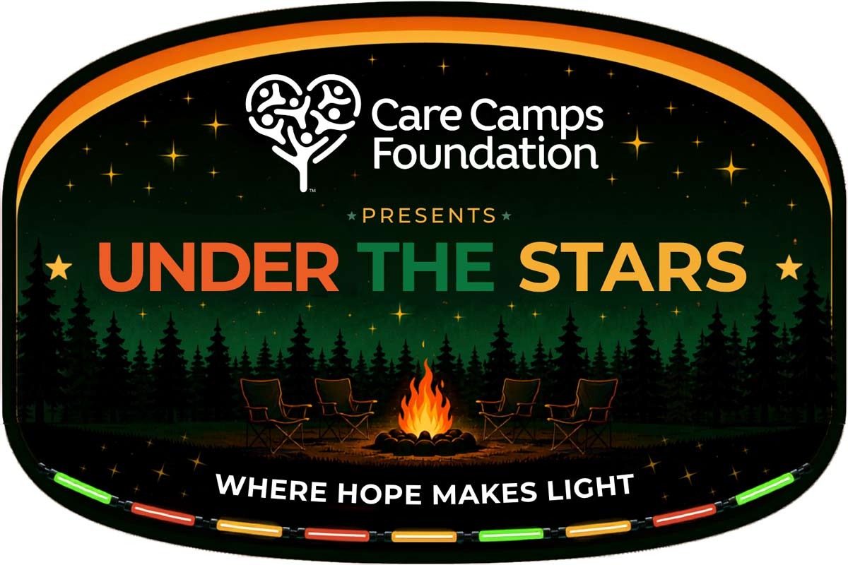 Care Camps Foundation Presents Under the Stars: Where Hope Makes Light - including a night time scene with an illustration of a forest silhouette and a campfire with four camp chairs