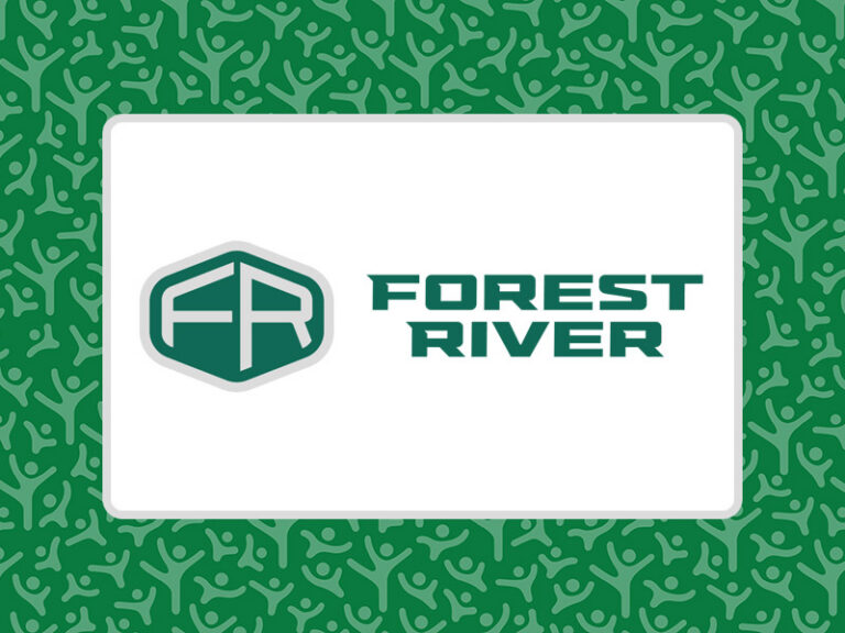 Forest River logo overlaid on a Care Camps Foundation green background