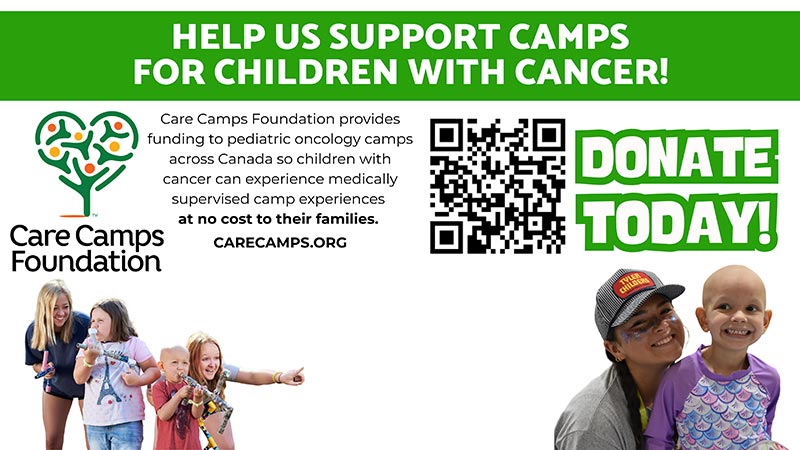 Banner urging donations to Care Camps Foundation for kids with cancer; includes logo, QR code, 'Donate Today!' and smiling children photographed.