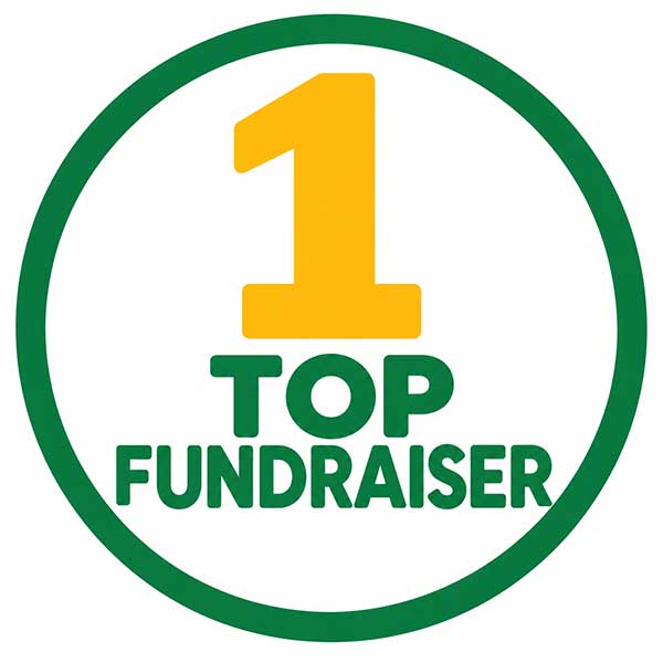 Green bordered circle with text "1 Top Fundraiser" inside