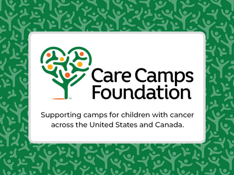Care Camps Foundation Logo on a decorative green background. Tagline reads "Supporting camps for children with cancer across the United States and Canada."