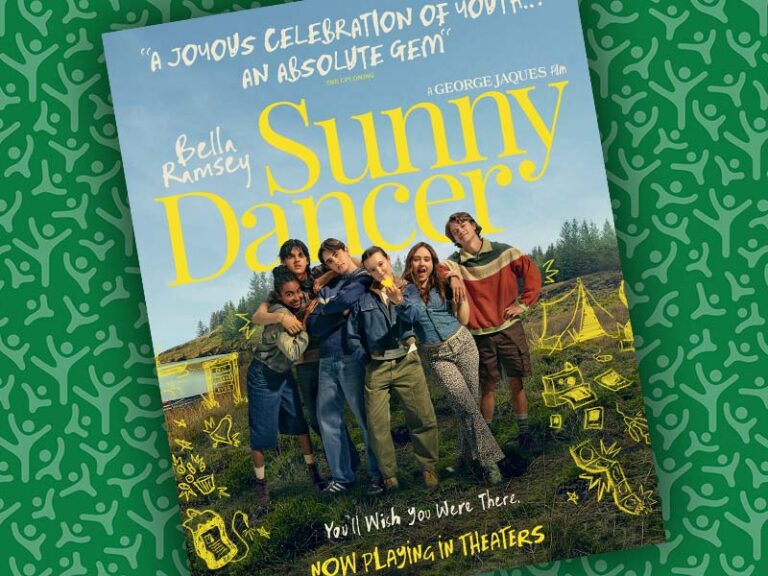 Movie poster for Sunny Dancer movie on Care Camps decorative green background