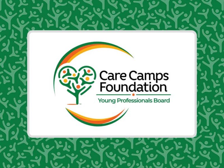 The Care Camps Foundation Young Professionals Board logo on a decorative green background